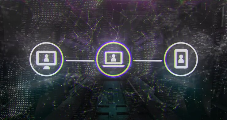 Desktop icon appearing, laptop and smartphone forming 3-node tech network with pulsing ring for P2P