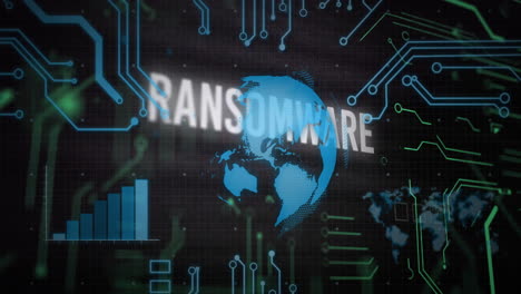 animación de ransomware de texto sobre el mapa mundial digital y los elementos de la placa de circuitos