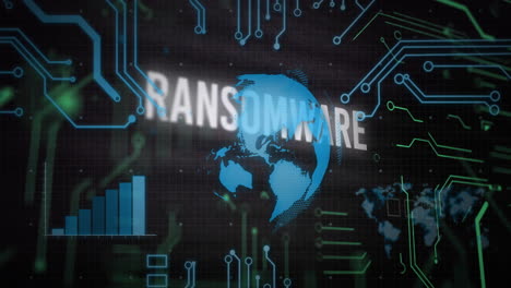 ransomware text animation over digital world map and circuit board elements