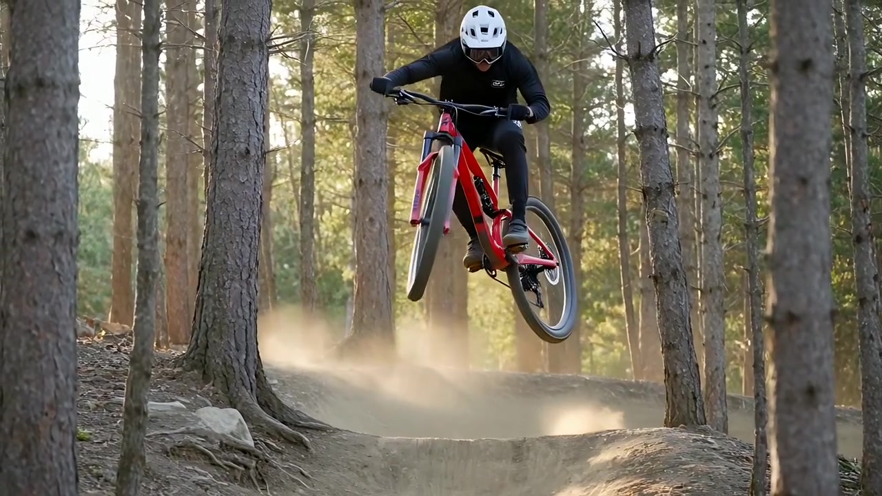 Motociclista accovacciato con casco bianco che colpisce il bordo, lanciando la moto rossa da una sponda di terra nella pineta, superando il salto.