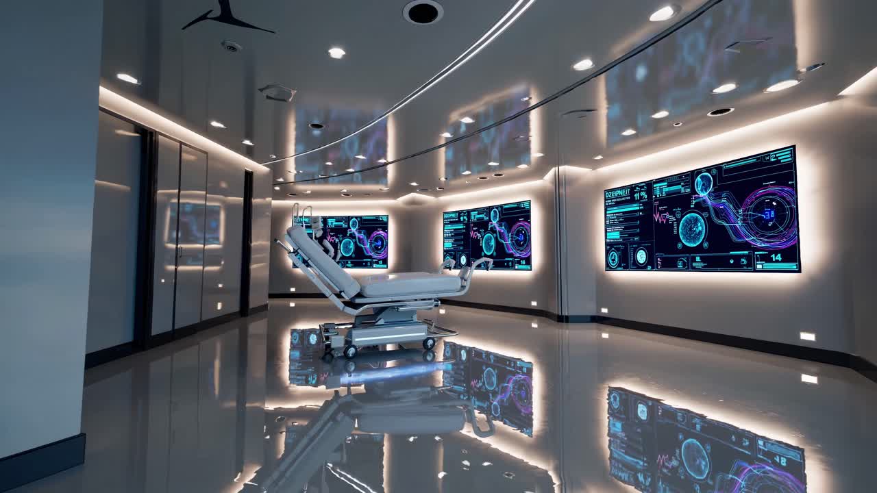 Futuristic medical room with high-tech screens and sleek design
