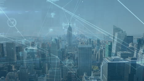 animation of network of connections and data processing against aerial view of cityscape