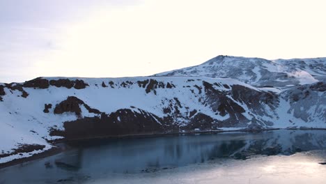 half frozen lake in the viti mountain crater in iceland in winter