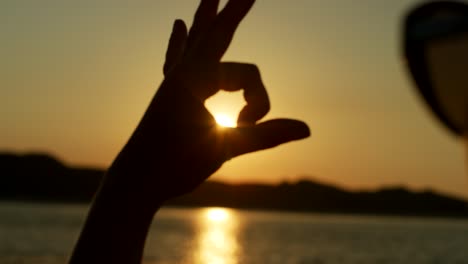 silhouette of woman making shapes with hands against sun