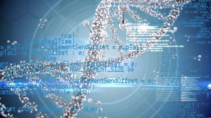 Animation of scientist data processing and dna strand over blue background