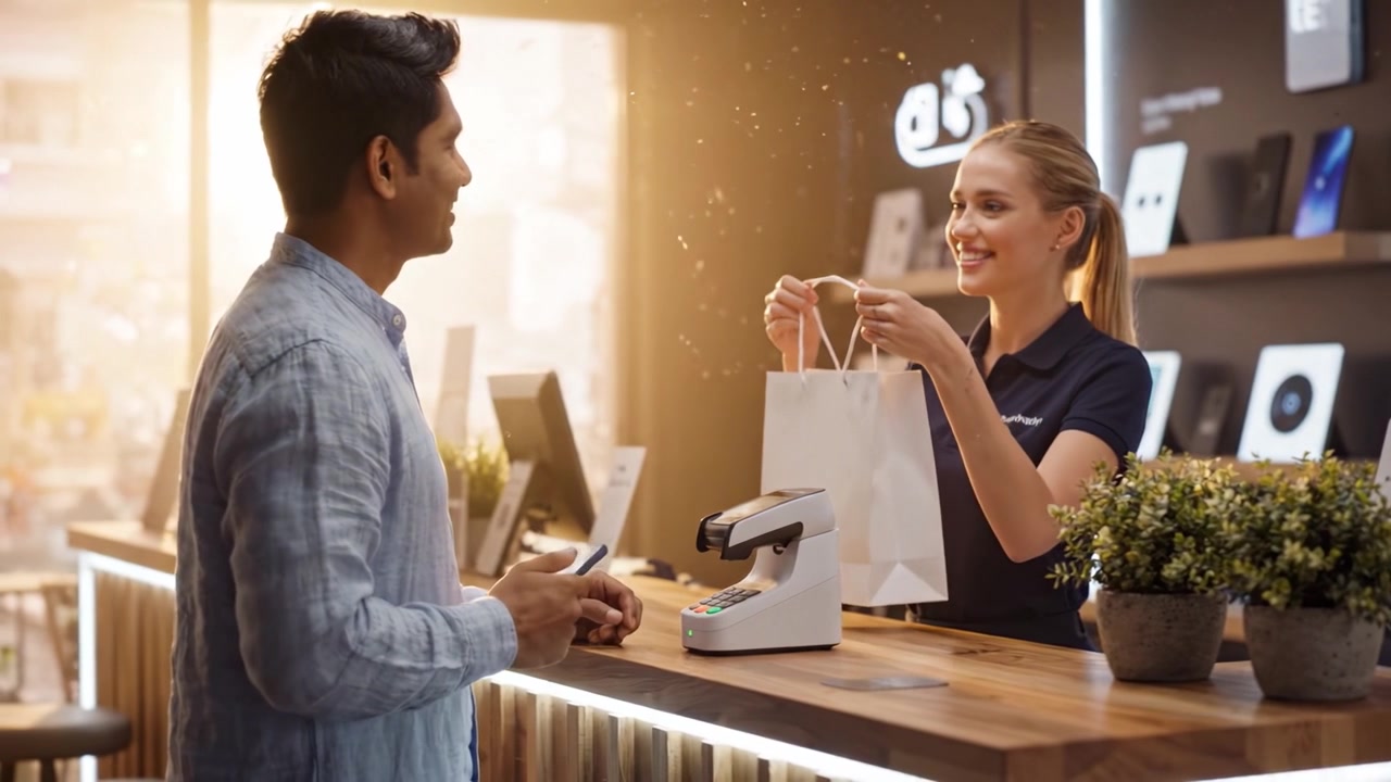 Modern Retail Experience: A Customer Uses a Smartphone to Make a Contactless Payment at a Store Checkout, Interacting with a Friendly Sales Associate in Bright Lighting.