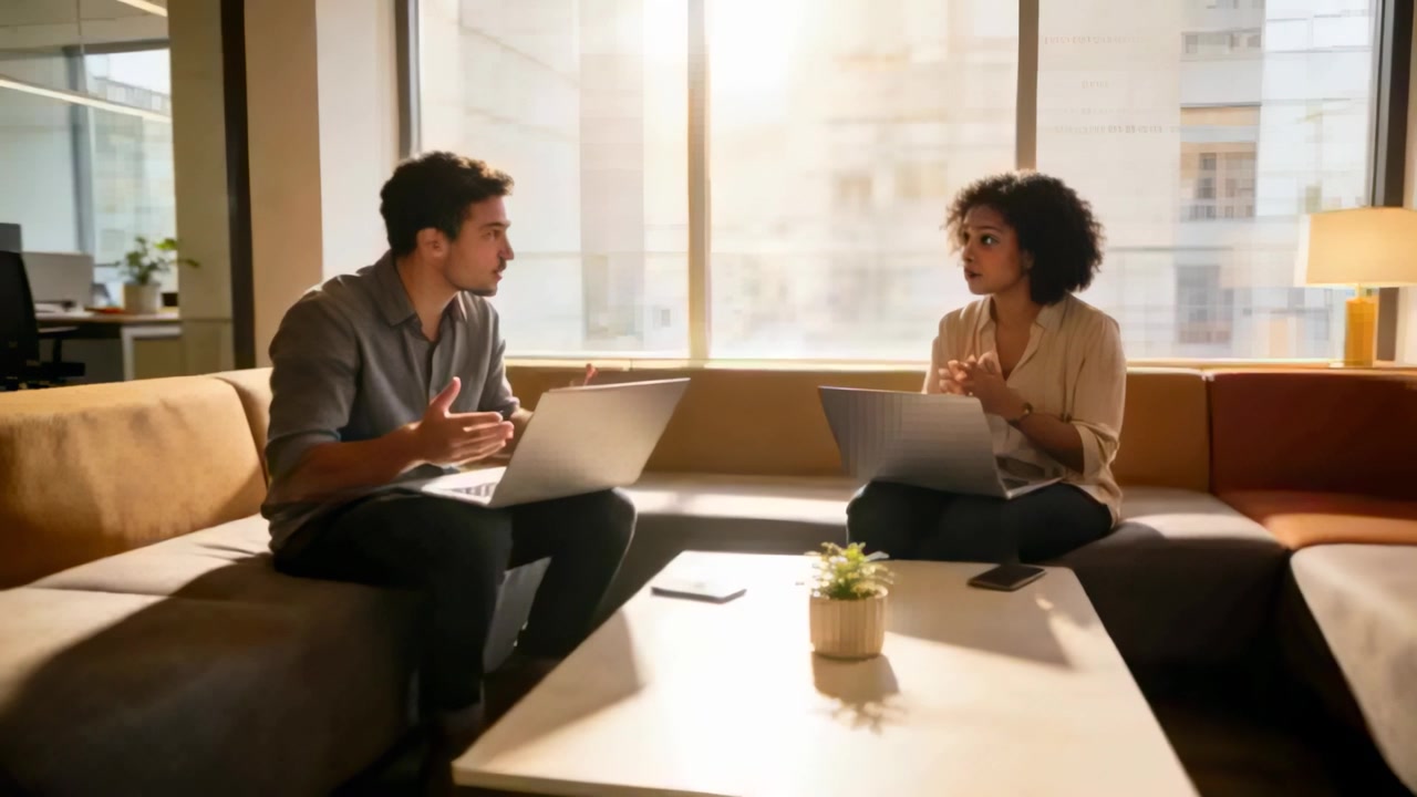 Discussing coworkers in lounge in business-casual for work, woman starting, man typing on laptops