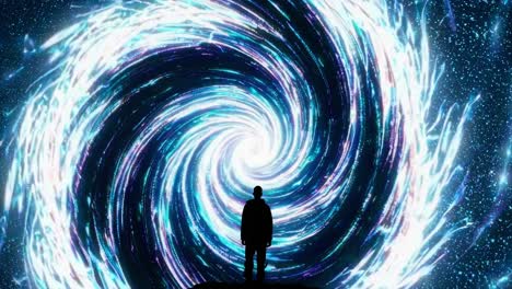 silhouette of a person facing a swirling galaxy of lights. shot from behind at eye level