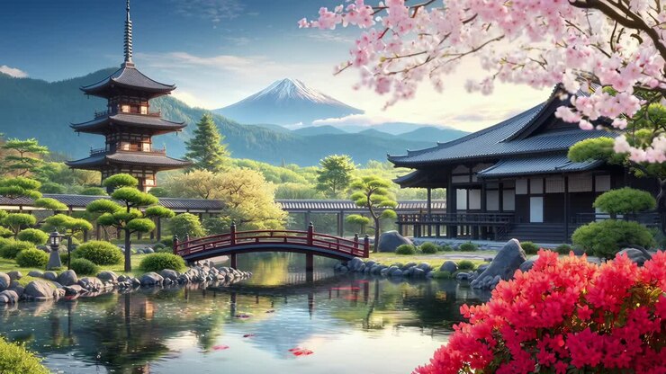 Sereno giardino giapponese con pagoda e fiori di ciliegio, ripreso in un video grandangolare.