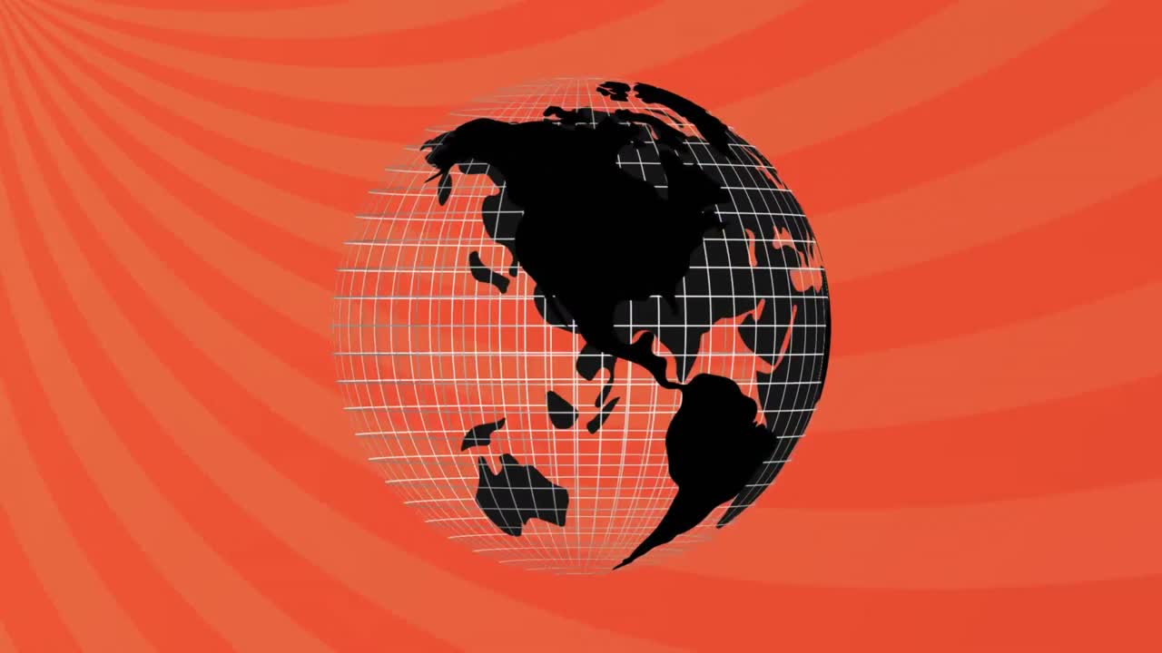 Digital animation of spinning globe icon against moving radial rays on orange background