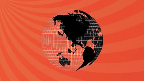 animación digital del icono del globo giratorio contra los rayos radiales en movimiento sobre un fondo naranja