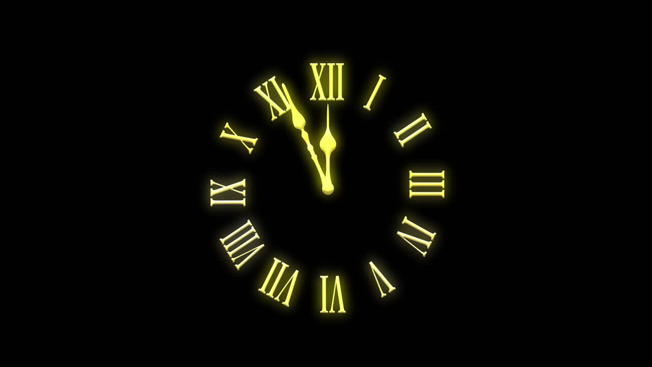 Animation of clock showing midnight on black background