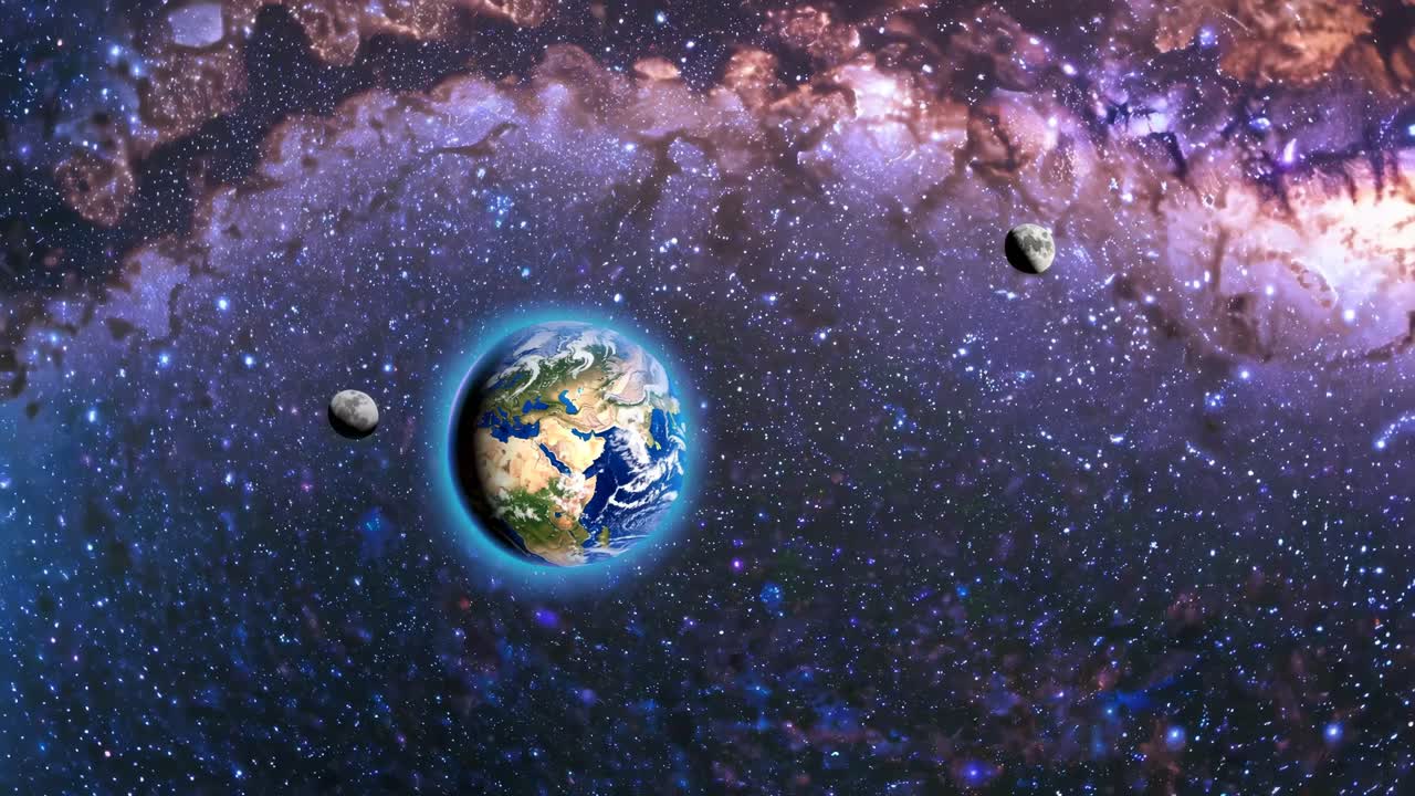 A cosmic video scene with a wide-angle view of Earth and asteroids against a vibrant galaxy