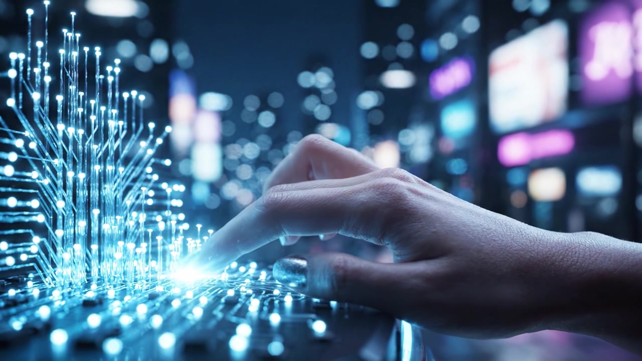 A Futuristic Interaction: A Hand Reaching Toward a Sparkling Network of Lights and Technology in a Glowing Urban Environment