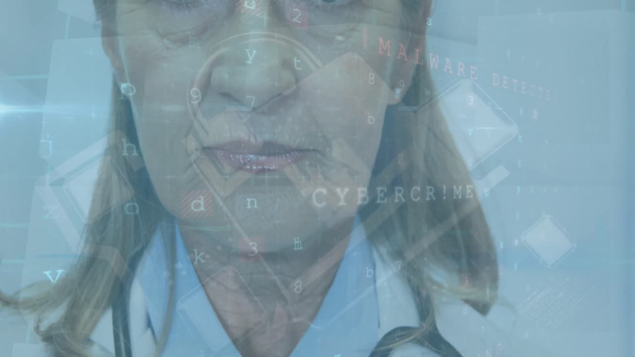 Animazione di elaborazione dati su dottoressa caucasica sorridente.