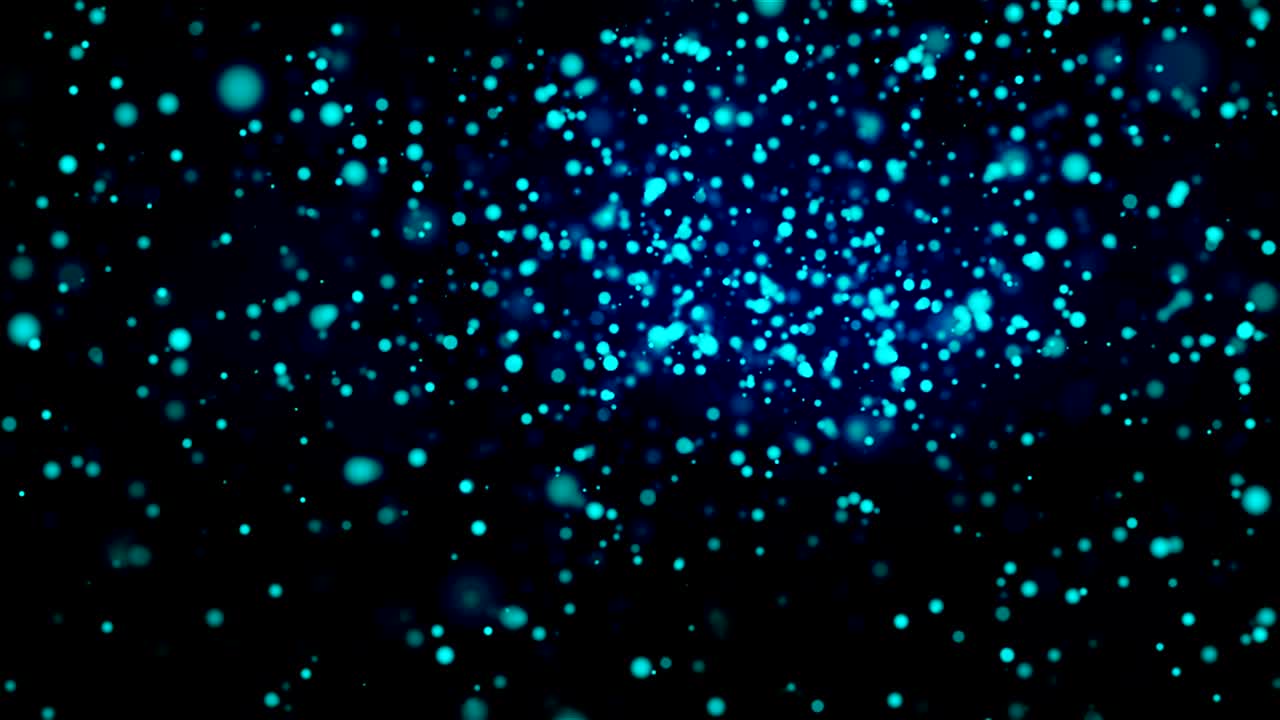 muchas partículas brillantes azules en el espacio, cámara lenta, fondo abstracto generado por computadora, renderización 3d