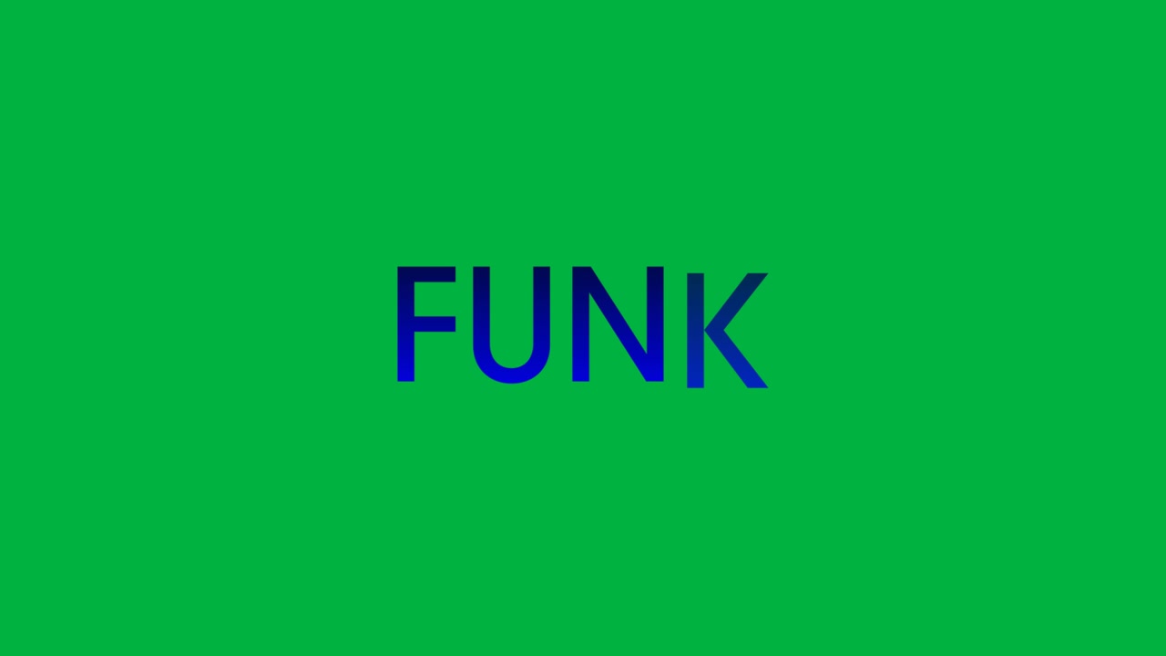 Animation af funk-tekst med blå bogstaver på gennemsigtig baggrund.