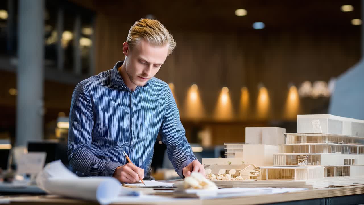 Innovative Architect Engaged in Creative Planning with Architectural Models and Blueprints in a Modern Workspace Setting