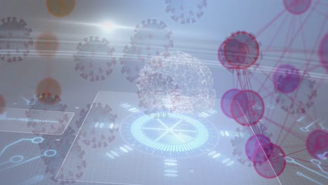 animación de células de covid 19 con redes de conexiones y giro del cerebro humano