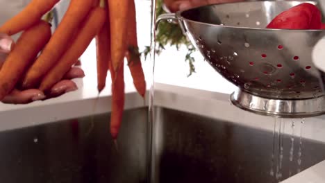 couple with apron washing vegetables