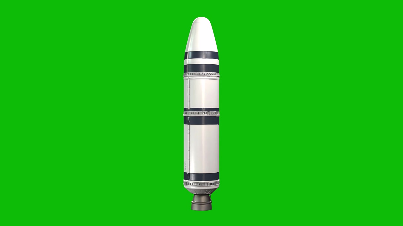 Modello 3D dettagliato di missile nucleare militare 07, con corpo metallico, ogiva aerodinamica, su schermo verde. Tecnologia missilistica balistica sottomarina di prima generazione, immagini aerodinamiche, militari e belliche