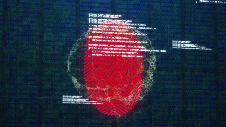 Animation of scanning fingerprint, with rotating brain and research data processing on black