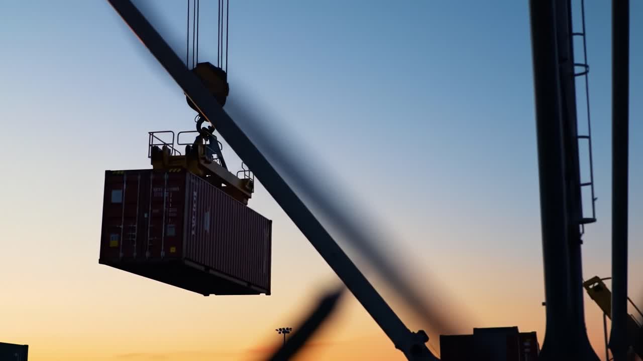 A crane lifts a shipping container against a fading sunset backdrop in a bustling port. The silhouette highlights the industrial activity essential for global trade and logistics.