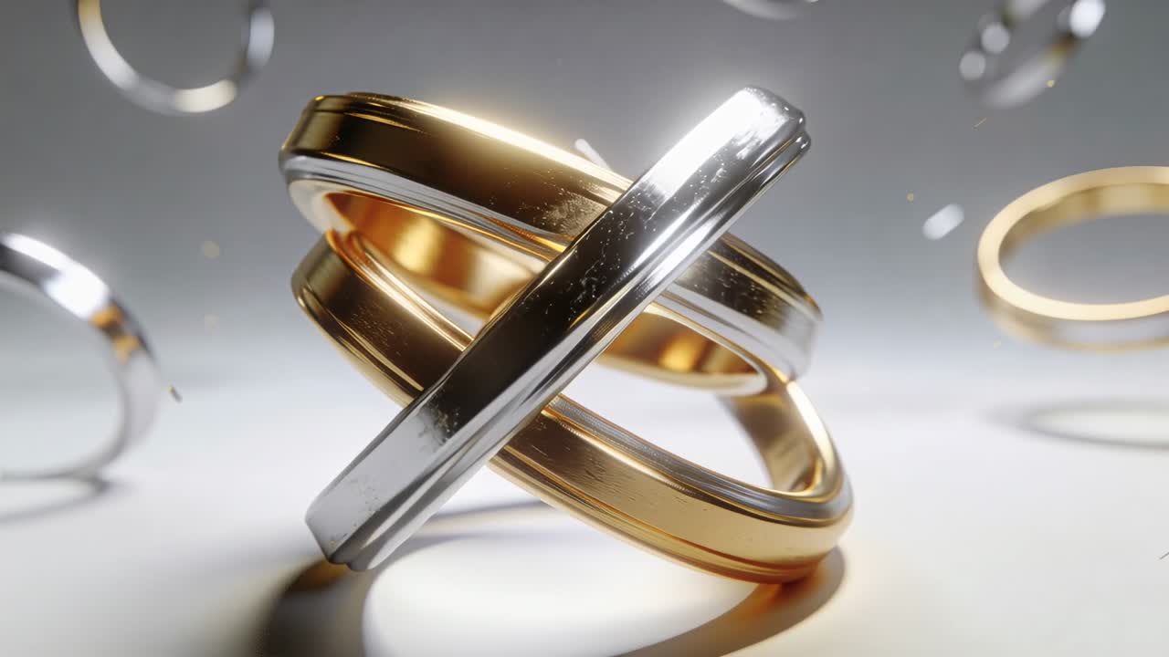Turntable starting, 3 linked gold, silver rings rotating, tilting on studio table, with flares