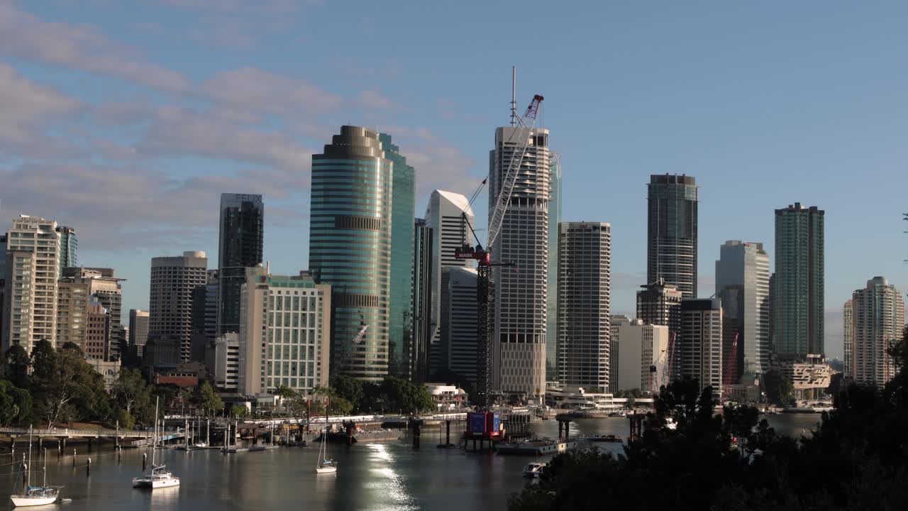Wide view of Brisbane City and the Kangaroo Point Green Bridge construction, viewed from Kangaroo Point, Queensland, Australia