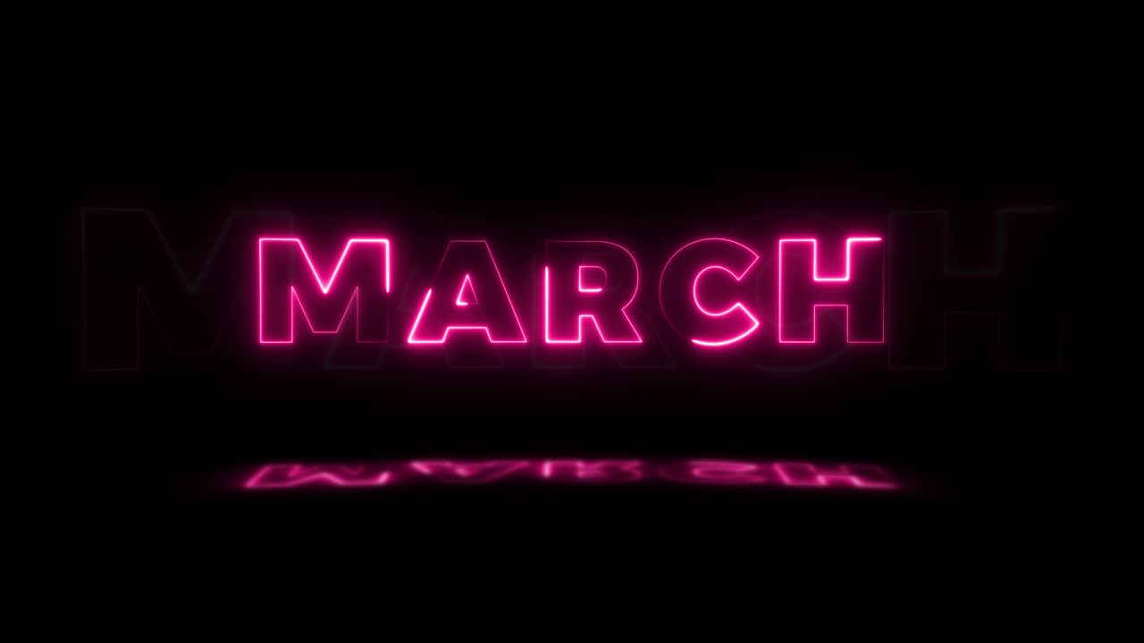 '마치'라는 단어는 검은색 배경에 반사되어 바닥에 반사되는 네온으로 빛납니다. 시엄리스 루프 모션 그래픽으로 네온 빛나는 표지판