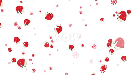 Santa hats and snowflakes animation with WOW text on white background
