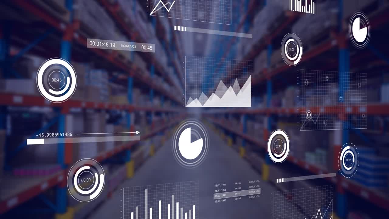 Animazione di elaborazione dati finanziari con statistiche su un magazzino