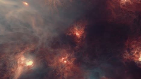 flying through a glowing orange nebula in the depths of space