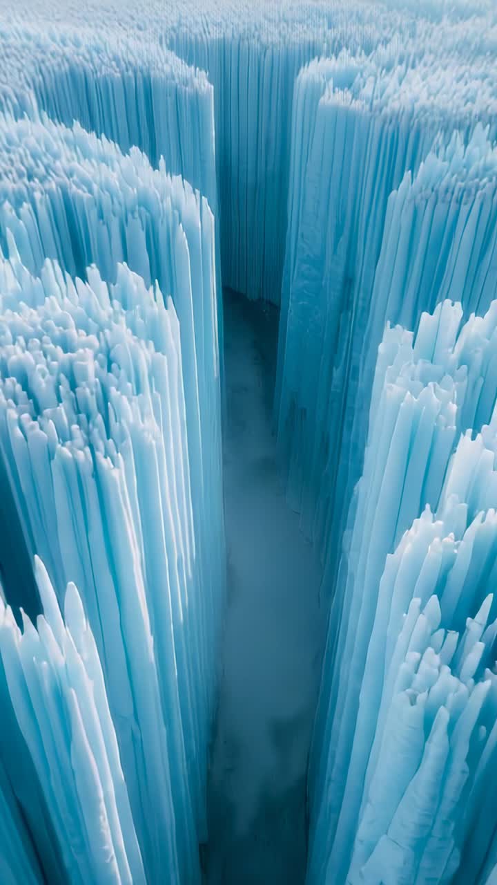 Vertical video: Starting high-angle camera descending through ice canyon, showing mist and pillars