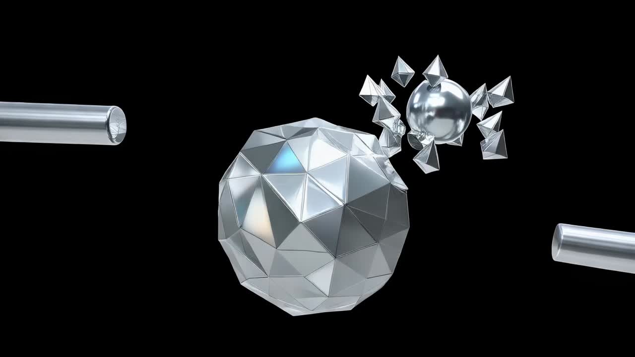 Roterende facetteret polyhedron, der skubber en metalstang mod en lille kugle i et sort studie, hvorved pyramider knuses