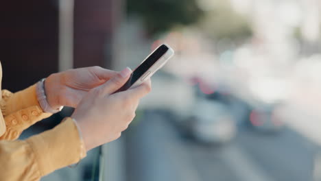 closeup, hands and smartphone in city