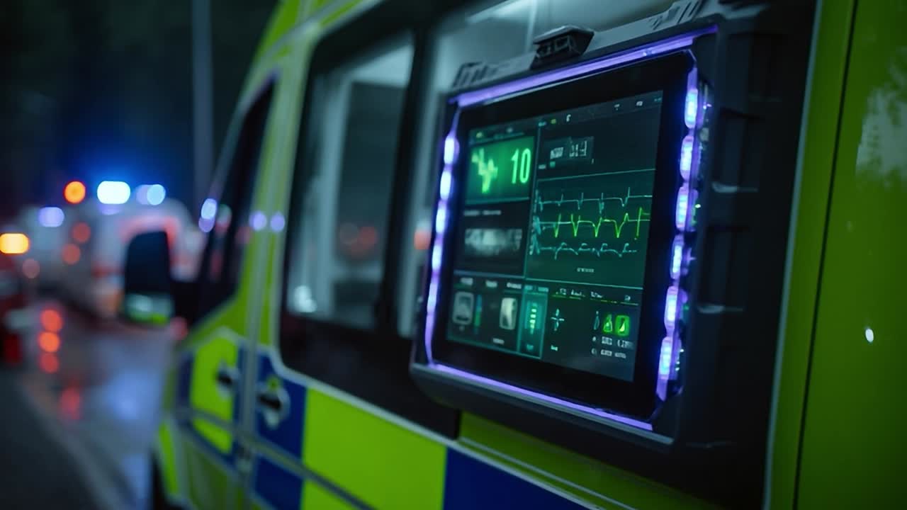 Dispositivi medici di emergenza mostrano i parametri vitali durante gli interventi notturni