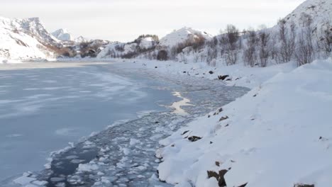 fixed shot of frozen svolvaer bay covered with snow, lofoten, norway