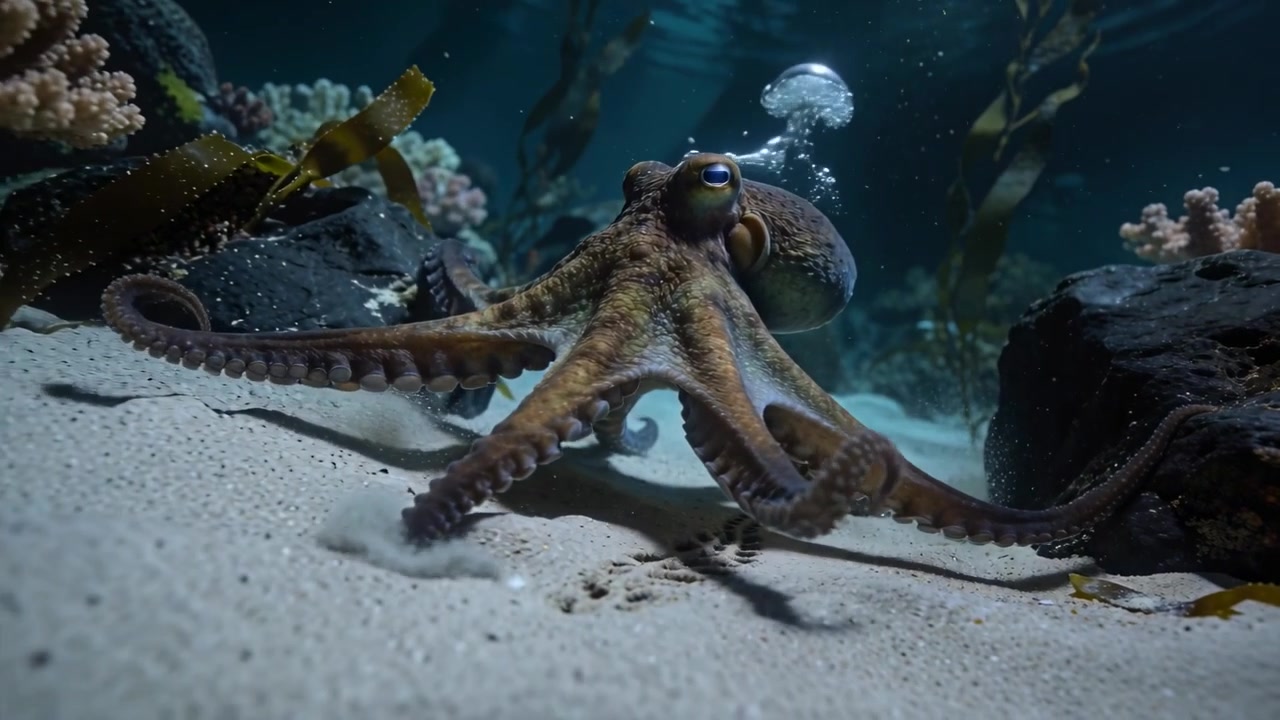 Sensing prey, mottled octopus probing and waving arms across sandy bottom, leaving suction tracks