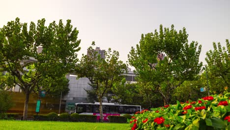 day time shanghai bus station park traffic road panorama 4k timelapse china