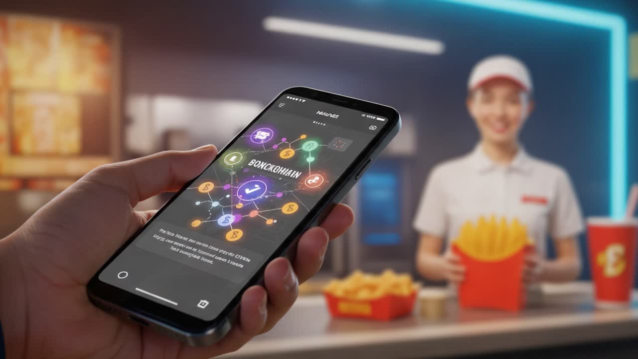A mobile phone displaying an app interface alongside a smiling fast food worker holding fries, showcasing vibrant icons representing digital interaction and customer experience