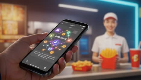 a mobile phone displaying an app interface alongside a smiling fast food worker holding fries, showcasing vibrant icons representing digital interaction and customer experience