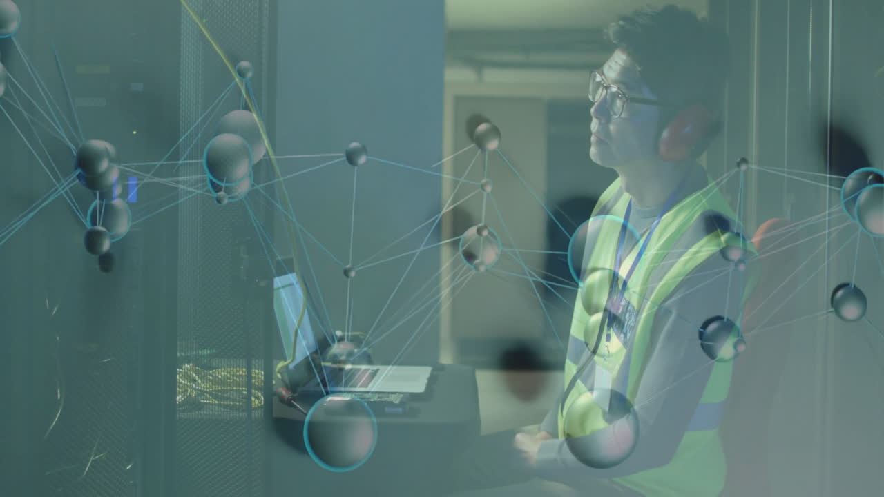 Network connections animation over person working with laptop in server room