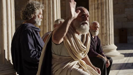 ancient philosophers in discussion at a temple