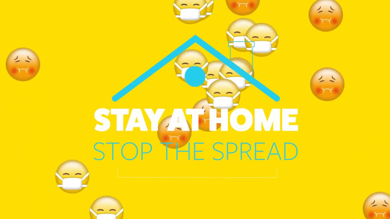 디지털 구성에 떠다니는 이모티콘 위에 파란 지붕 아래에서 사회적 거리두기 메시지의 애니메이션