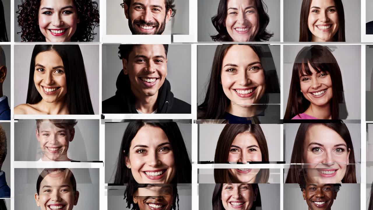 Grid of diverse smiling faces in a collage style, captured from a front-facing angle