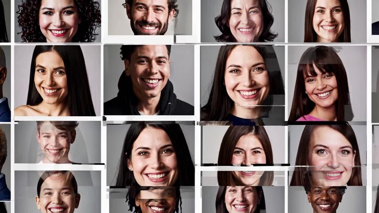 Griglia di diversi volti sorridenti in stile collage, ripresi da un angolo frontale