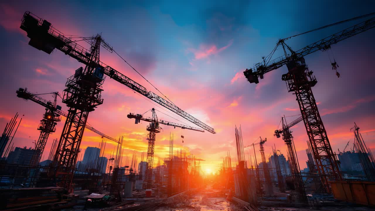 A breathtaking sunset view over a construction site, highlighted by towering cranes silhouetted against the vibrant sky and illuminating the bustling activity of urban development