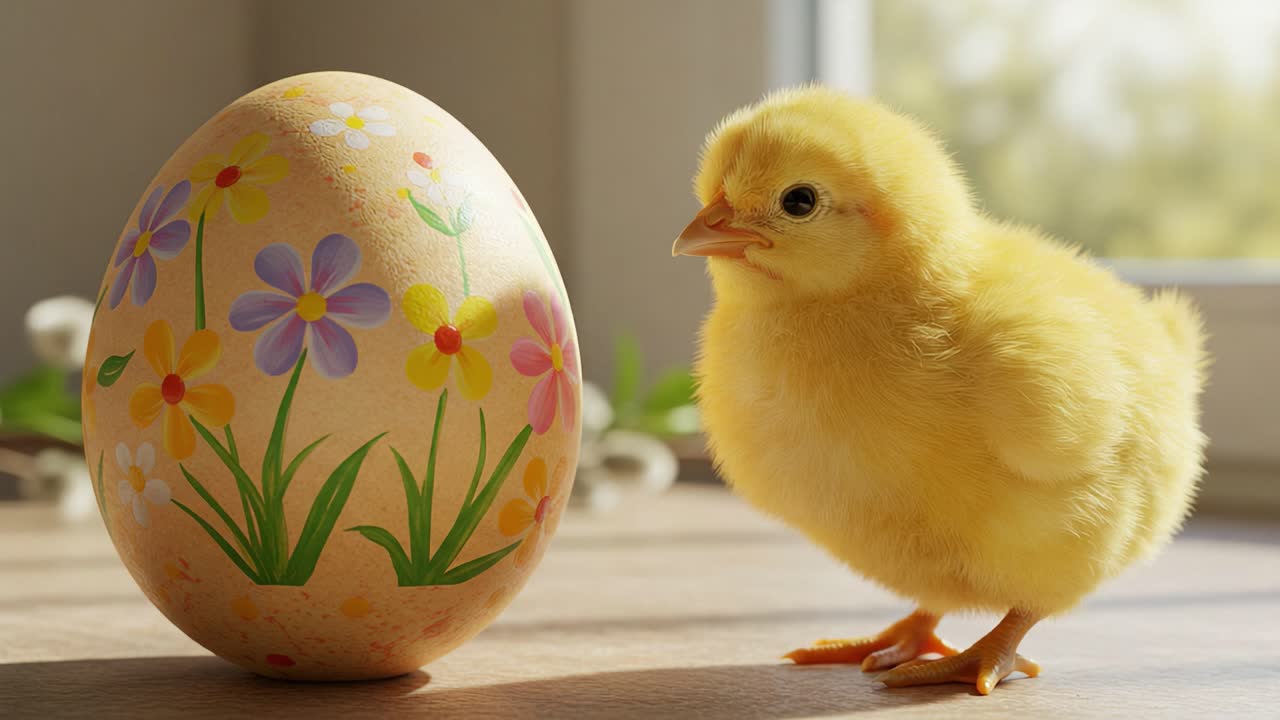 A charming scene featuring a cute yellow chick curiously exploring a beautifully decorated Easter egg, symbolizing the joy and warmth of springtime celebrations