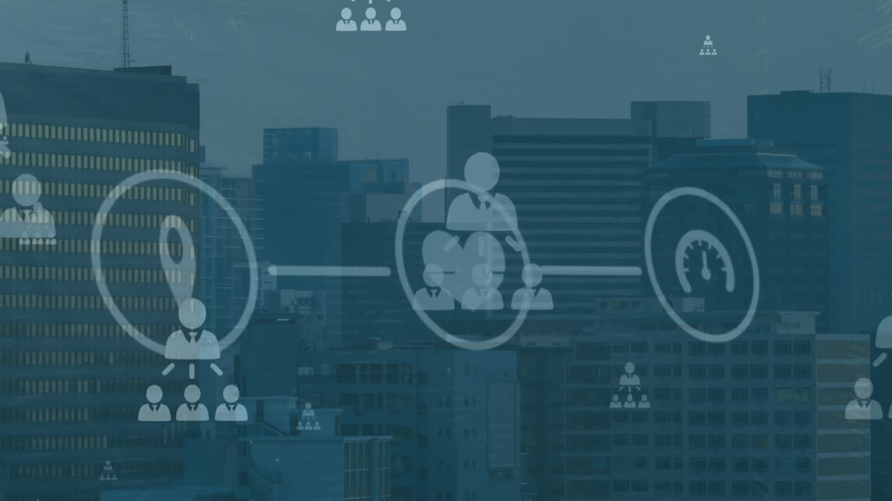 디지털 아이콘의 애니메이션과 프로필 아이콘의 네트워크를 도시 풍경의 항공 시각에 맞춰